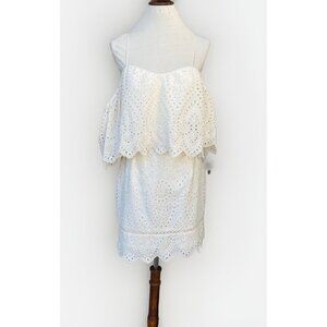 Saylor Women’s Ivory Off Shoulder Eyelet Dress Scalloped Overlay Lined Cocktail